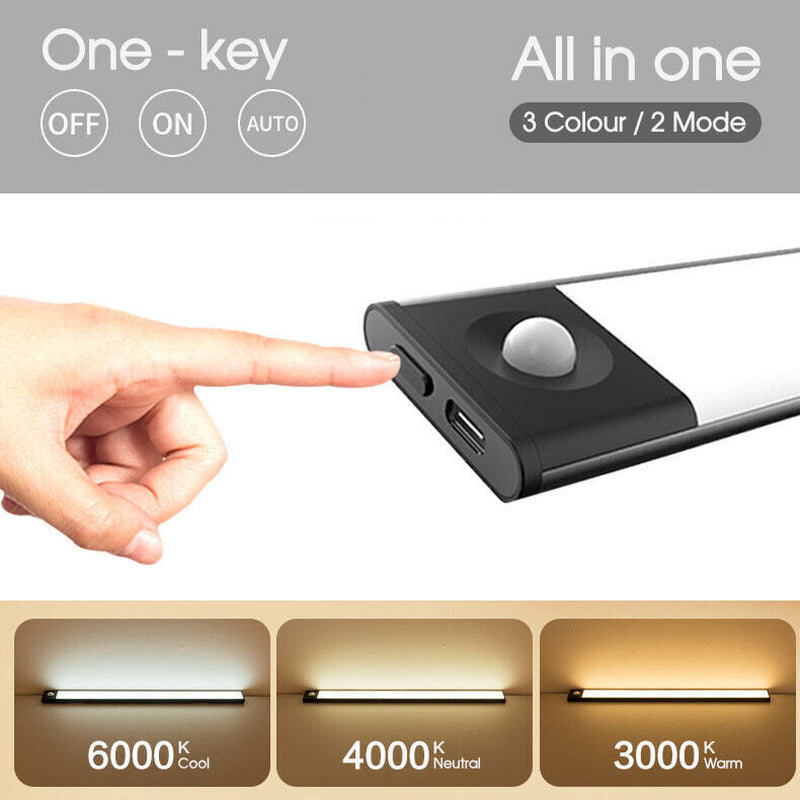 LED Motion Sensor Cabinet Light – USB Rechargeable Magnetic Under-Counter Lamp (Dimmable, 3 Modes)