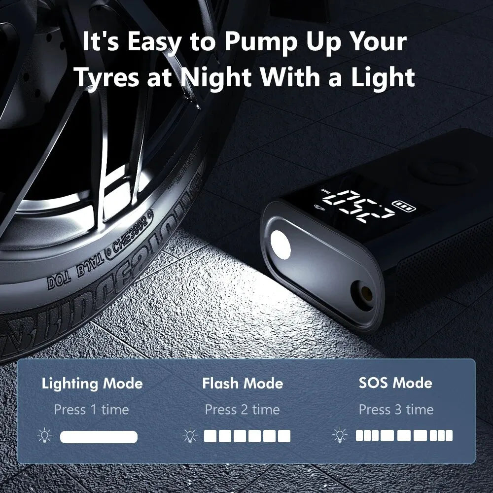 Mini Wireless Air Compressor – 12V 150PSI Portable Electric Tyre Inflator with LCD Display (for Car, Bike, Ball, Emergency Charging)